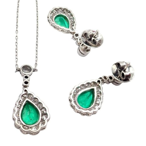 Vintage Estate Platinum Diamond Emerald Earrings Necklace Set - Picture 6 of 11